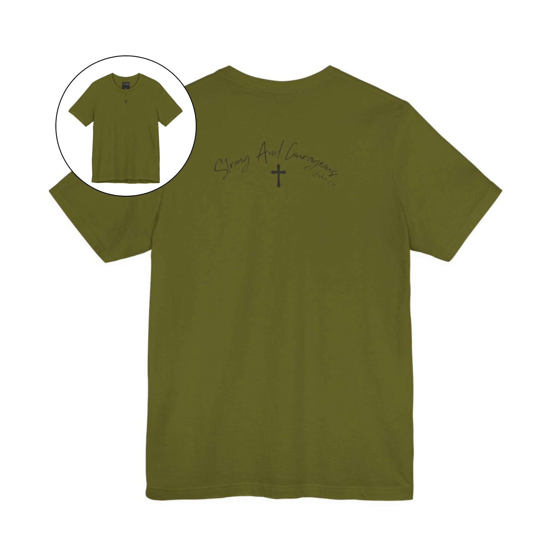 On the front center of this Christian shirt is a small Jesus cross, on the back of the is short sleeve tee is the scripture Strong and Courageous Joshua 1:9