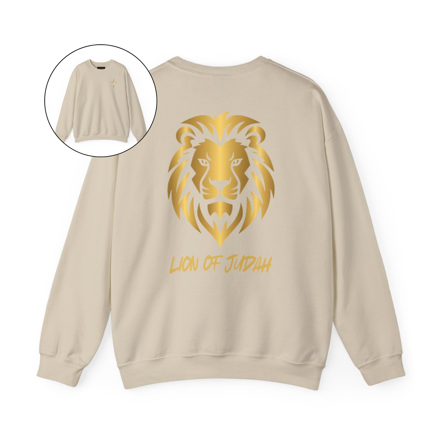 On the front of this custom Christian sweater is a gold Jesus cross on the front left chest, on the back of the pullover is a large gold male lion head with the words Lion of Judah in gold underneath the animal head.