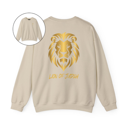 On the front of this custom Christian sweater is a gold Jesus cross on the front left chest, on the back of the pullover is a large gold male lion head with the words Lion of Judah in gold underneath the animal head.