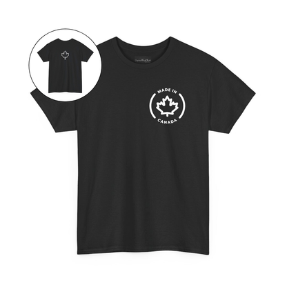 On the front of this custom short sleeve shirt is a circle on the upper left chest of the shirt with the words Made In Canada with a maple leaf in the middle, on the back of the shirt is a maple leaf right in between the shoulder blades.
