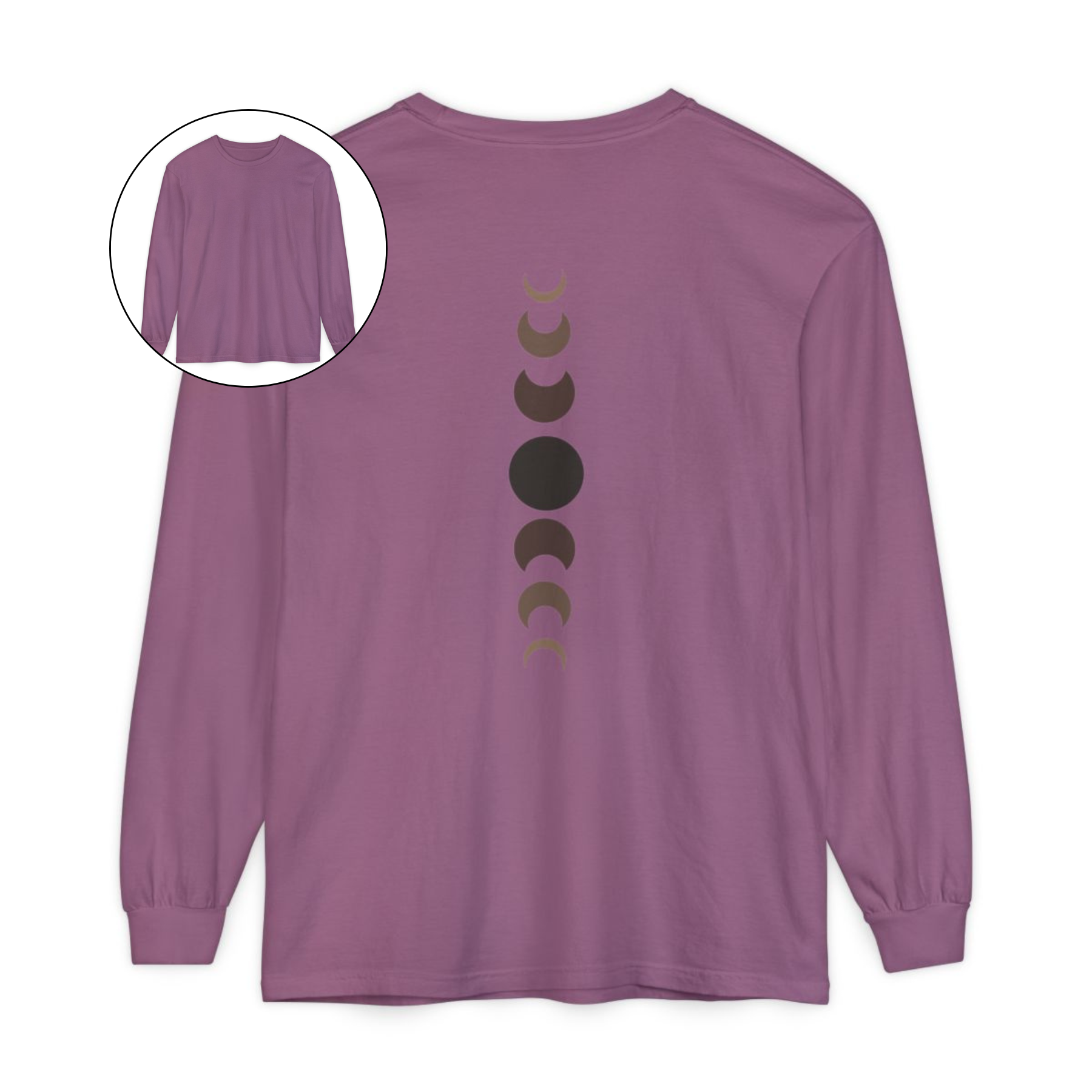On the back of this custom unisex long sleeve t-shirt from the top of the shirt to the bottom are 7 images of the moon showing the moons cycle, every moon is a different shade of brown.