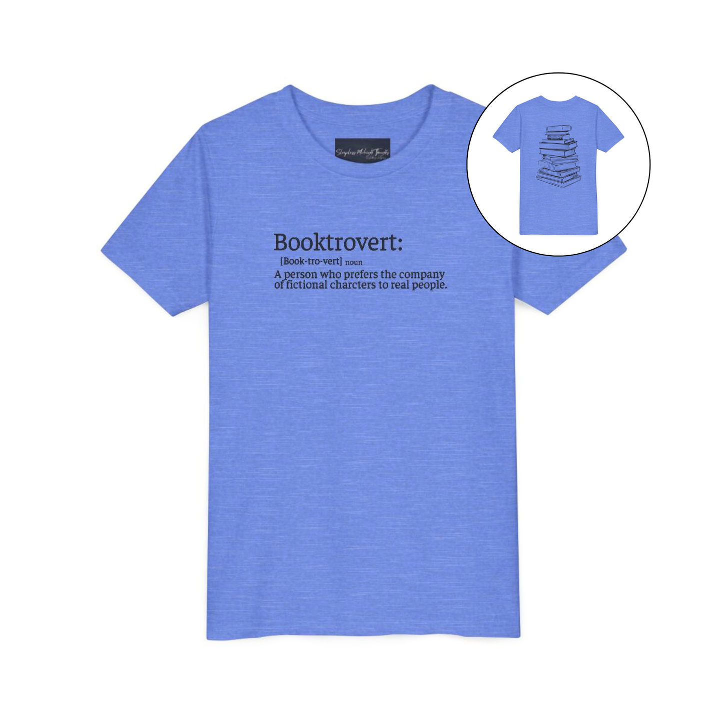 On the front of this custom youth t-shirt it says the word Booktrovert in large letter with the meaning of the words underneath it, on the back of the shirt is an image of a large stack of books.