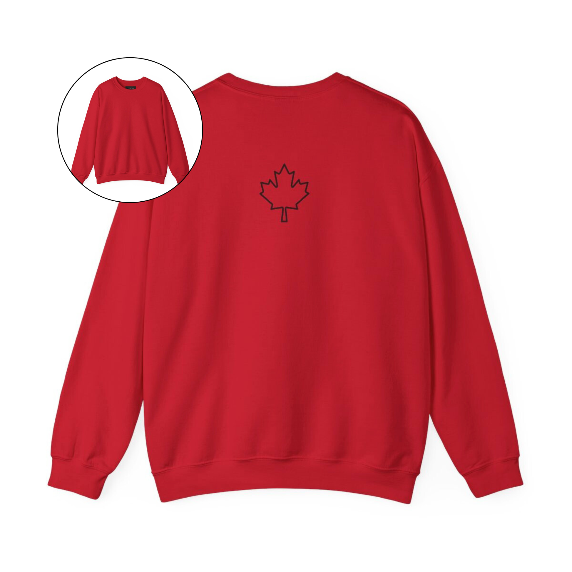On the back of this custom Canadian pullover sweatshirt is a maple leaf that is right in between the shoulder blades, the front of the sweater is blank.