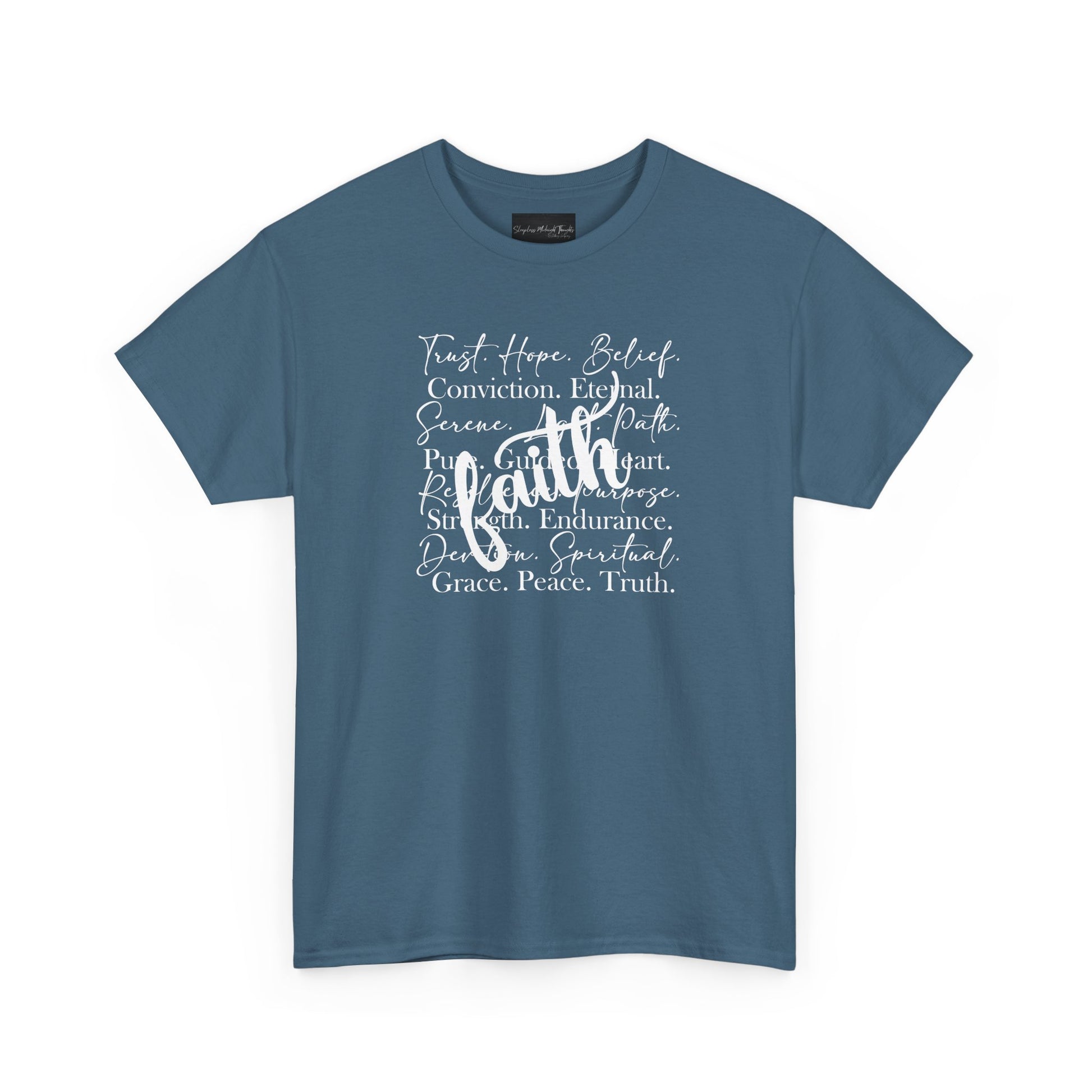 On the front of this custom Christian t-shirt are all the words that represent faith such as grace, conviction, endurance, purpose, trust, hope and many more, the word Faith is superimposed overtop.