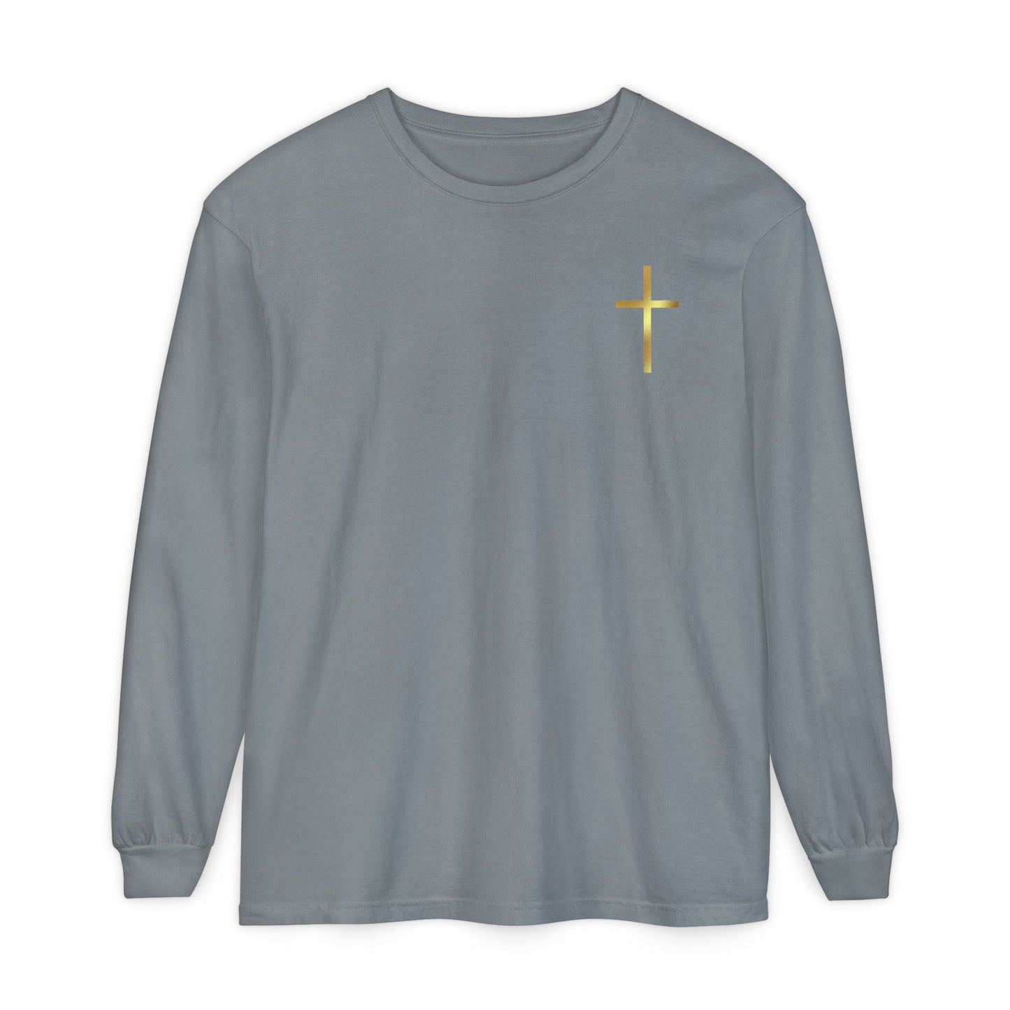 On the front of this custom Christian long sleeve shirt is a gold cross over the top left chest of the shirt.