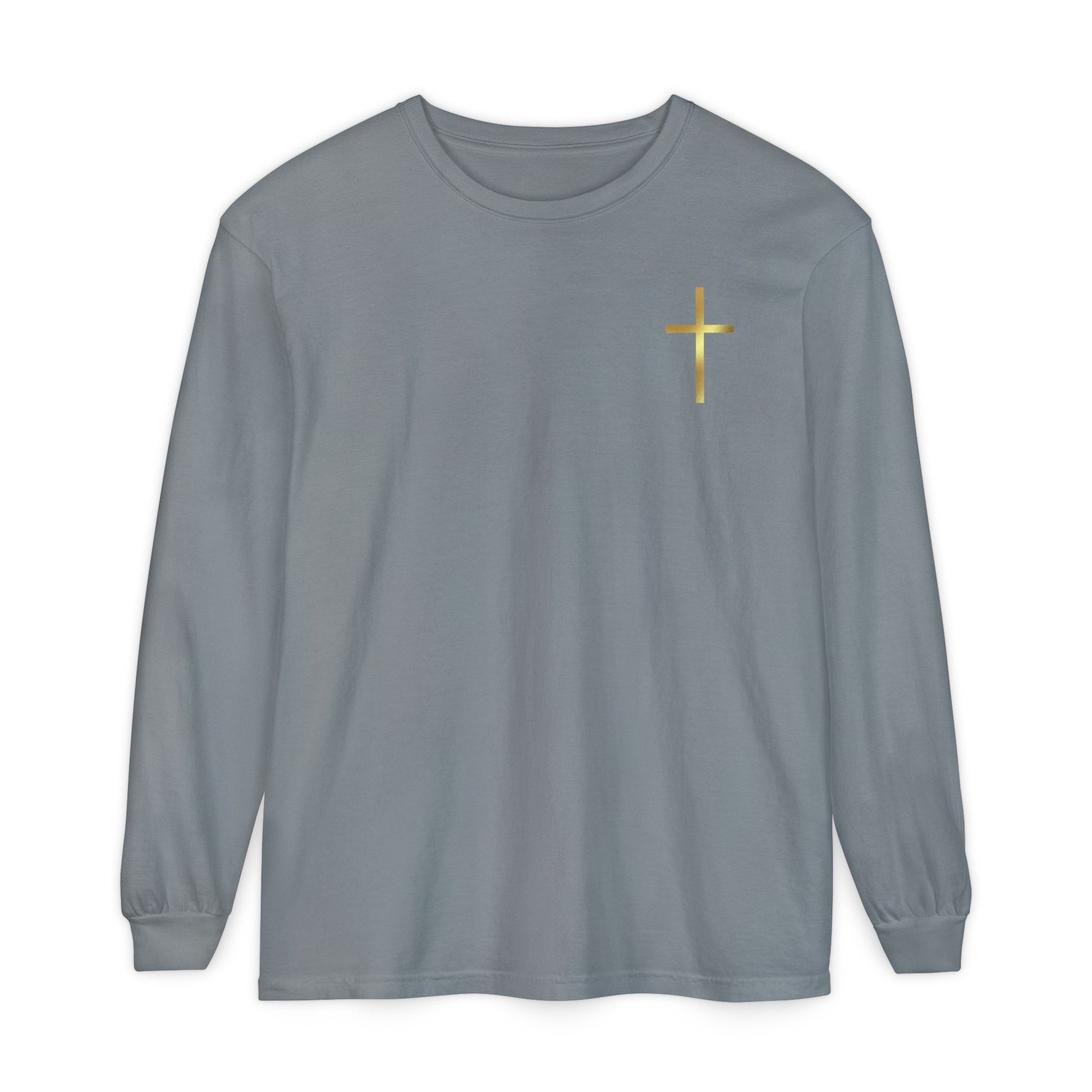 On the front of this custom Christian long sleeve shirt is a gold cross over the top left chest of the shirt.