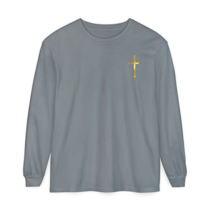 On the front of this custom Christian long sleeve shirt is a gold cross over the top left chest of the shirt.