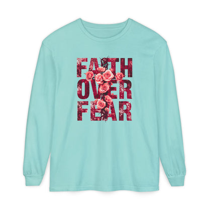 On the front of this Christian vintage long sleeve shirt are the words Faith Over Fear in large block letters with a cross made of thorns in the middle that is covered in roses.