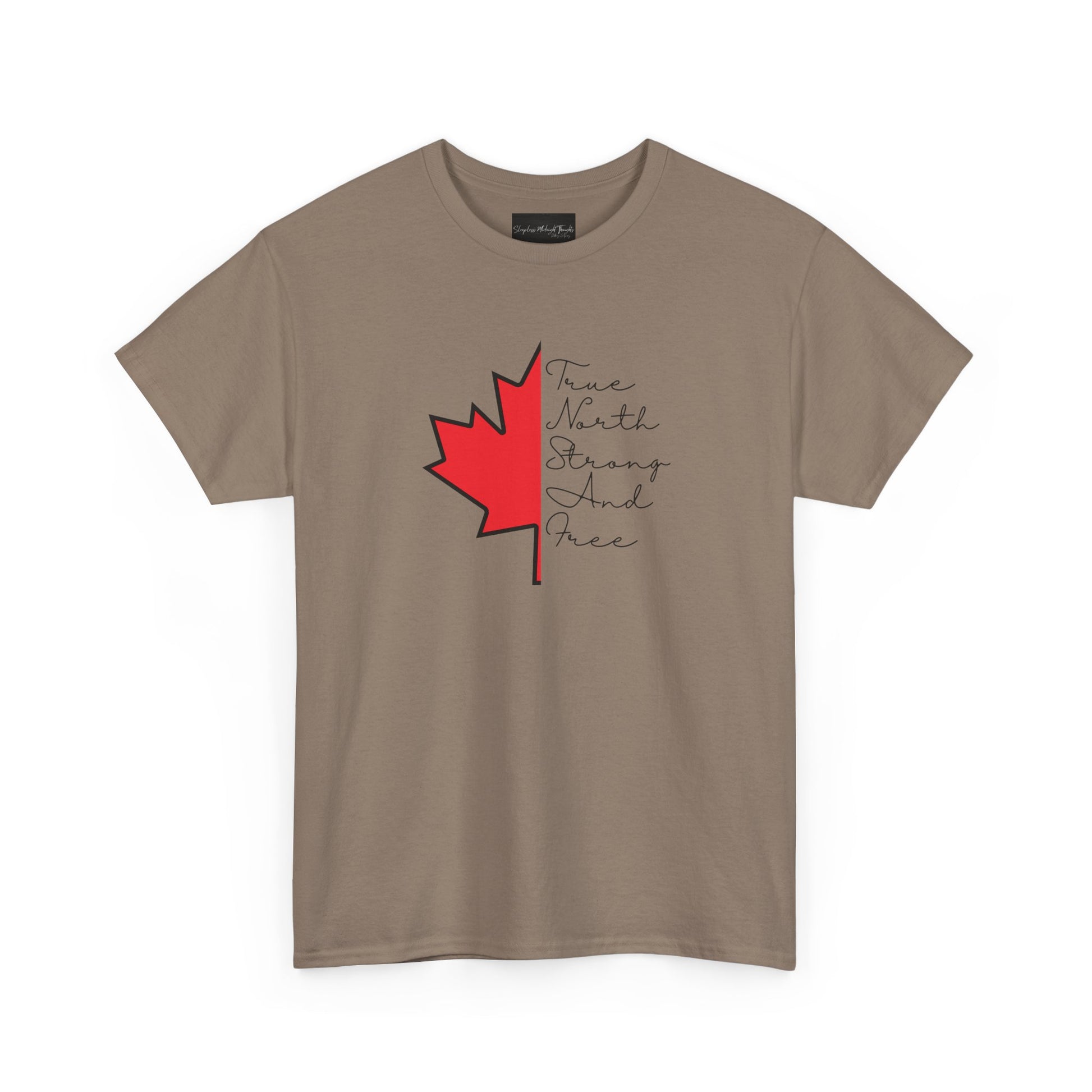 This custom handmade Canadian shirt comes with a maple leaf on the front center of the shirt, the words true north strong and free are in cursive on the other side of the maple leaf.