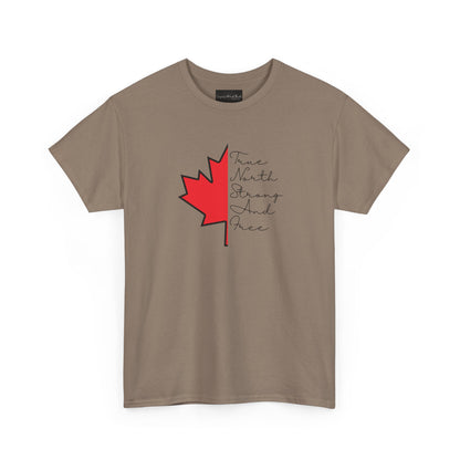 This custom handmade Canadian shirt comes with a maple leaf on the front center of the shirt, the words true north strong and free are in cursive on the other side of the maple leaf.