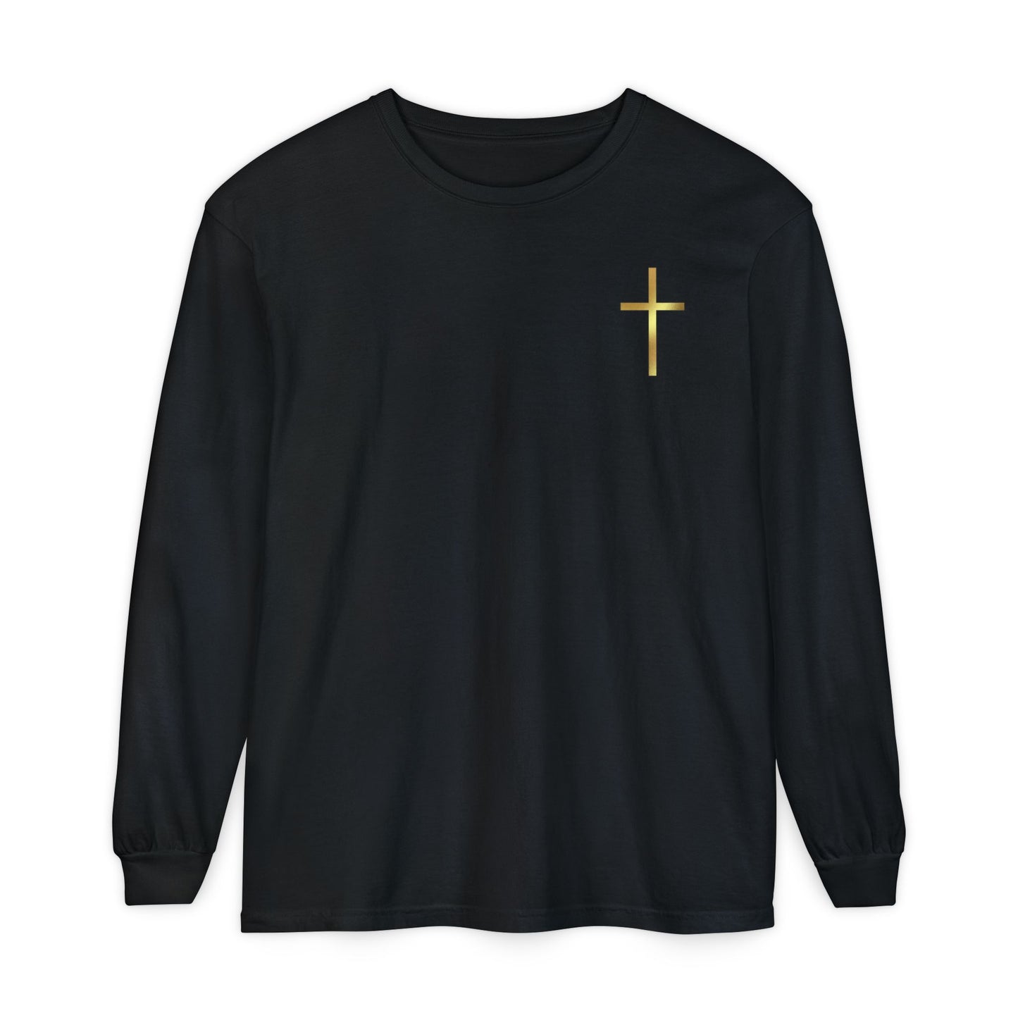 On the front of this custom Christian long sleeve shirt is a gold cross over the top left chest of the shirt.