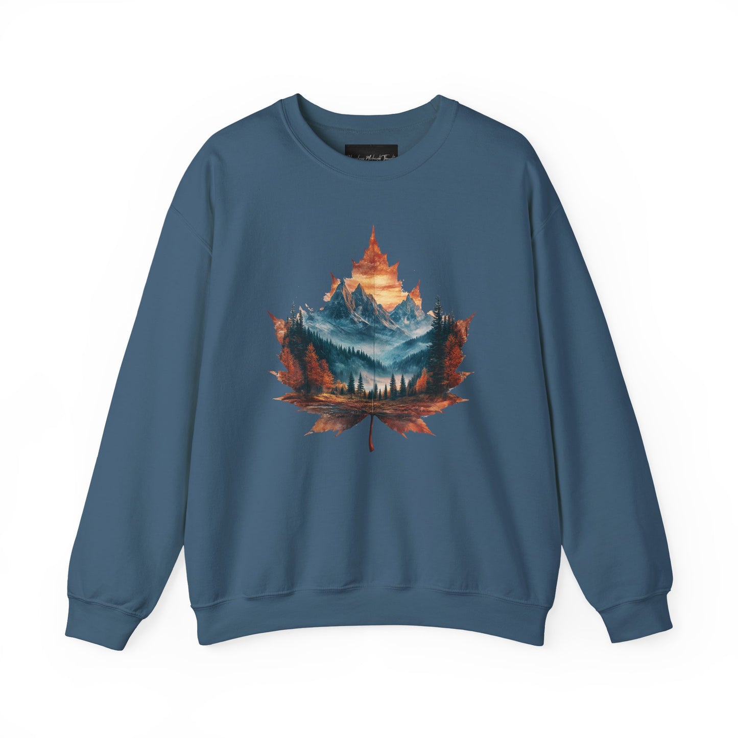 On the front of this Canadian pride sweatshirt is a large maple leaf with the inside of the leaf having a picture of the Rocky Mountains in the fall time.