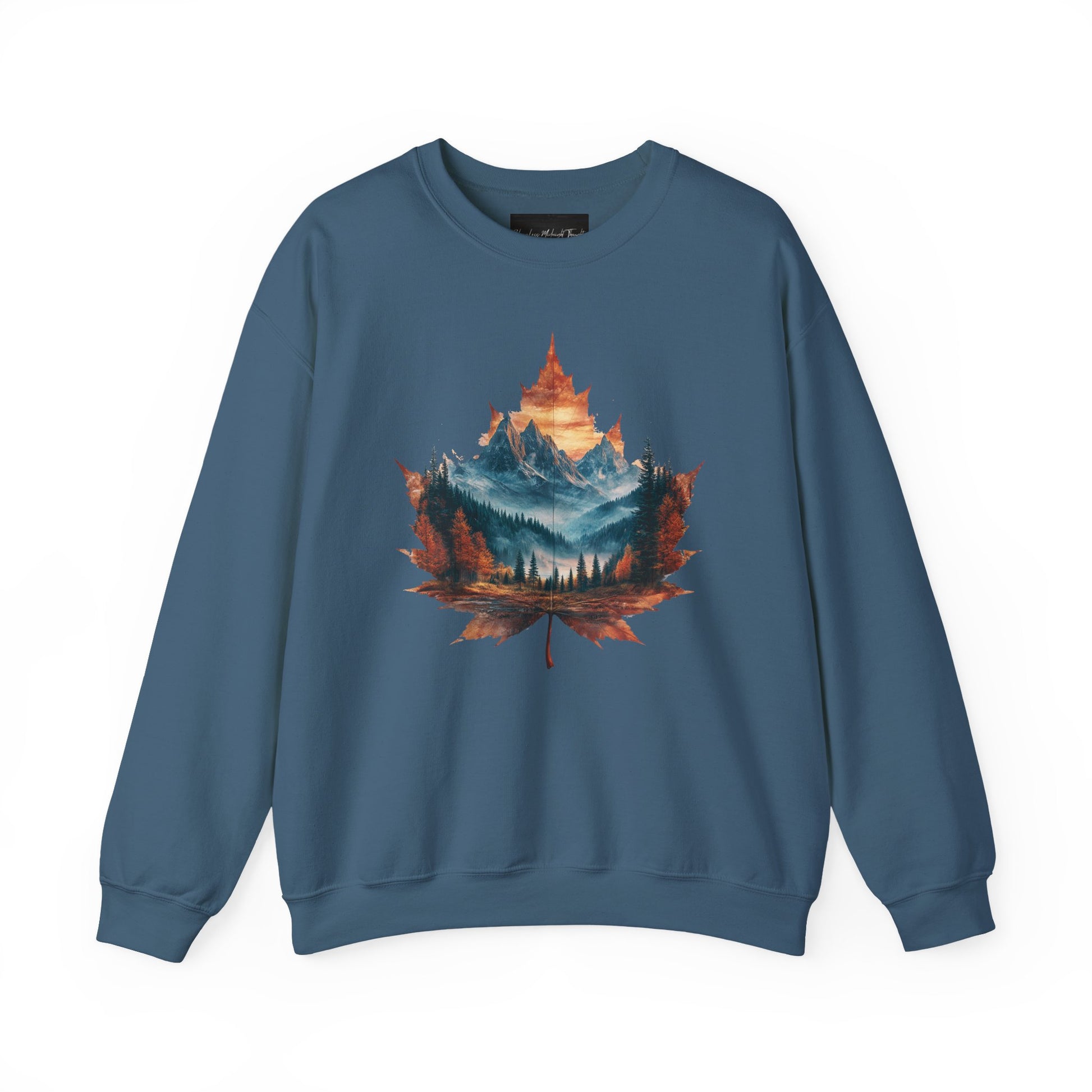 On the front of this Canadian pride sweatshirt is a large maple leaf with the inside of the leaf having a picture of the Rocky Mountains in the fall time.