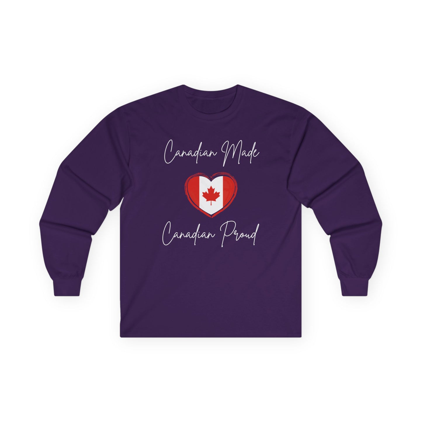 On the front of this custom Canadian patriotic long sleeve t-shirt are the words Canadian Made Canadian Proud in a beautiful cursive font, there is a Canadian flag in the middle that is in the shape of a heart.