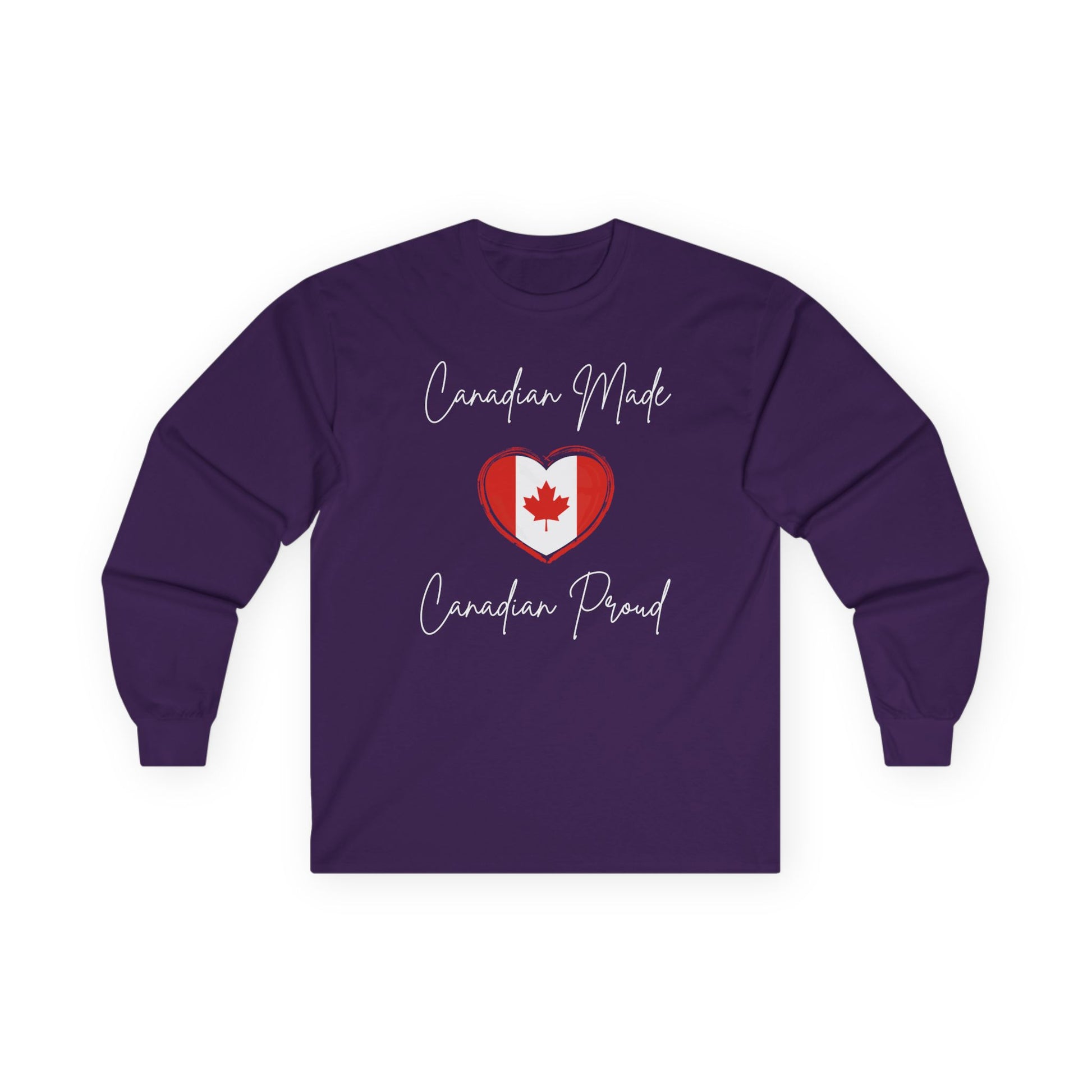 On the front of this custom Canadian patriotic long sleeve t-shirt are the words Canadian Made Canadian Proud in a beautiful cursive font, there is a Canadian flag in the middle that is in the shape of a heart.