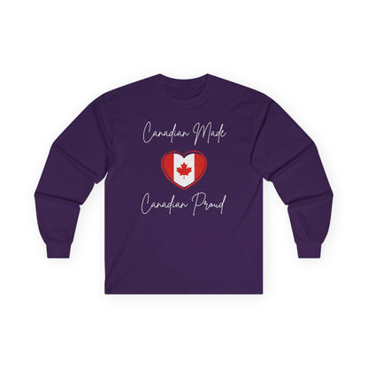 On the front of this custom Canadian patriotic long sleeve t-shirt are the words Canadian Made Canadian Proud in a beautiful cursive font, there is a Canadian flag in the middle that is in the shape of a heart.