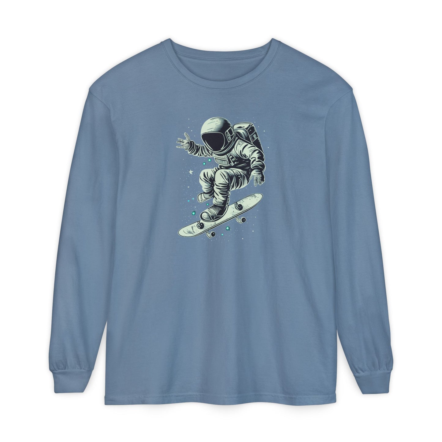 On the front of this custom unisex long sleeve shirt is an image of an astronaut riding a skateboard, there are a bunch of stars around the astronaut.