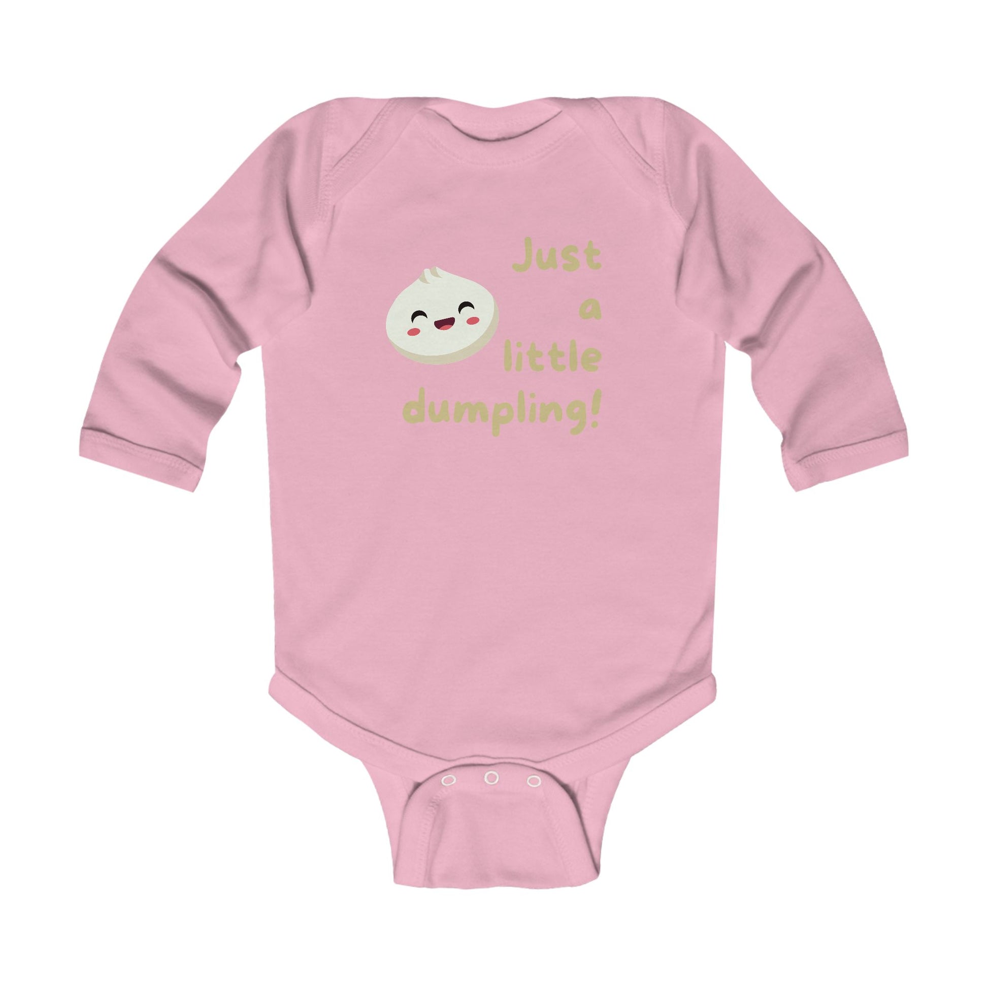 On the front of this custom infant onesie are the words Just A Little Dumpling with a image of a bao dumpling with a happy face next to the wording.