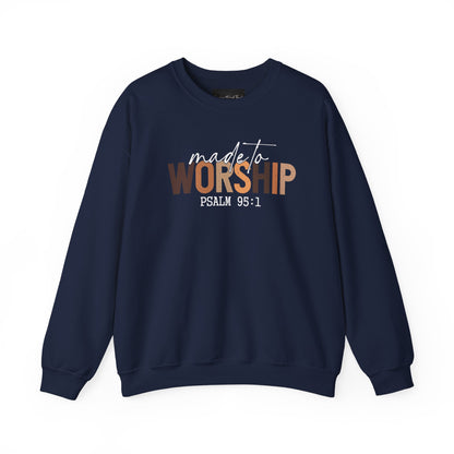 On the front of this Christian pullover sweatshirt it says Made To Worship Psalm 95:1, the word worship is done in large block letters with every letter being a different shade of brown.