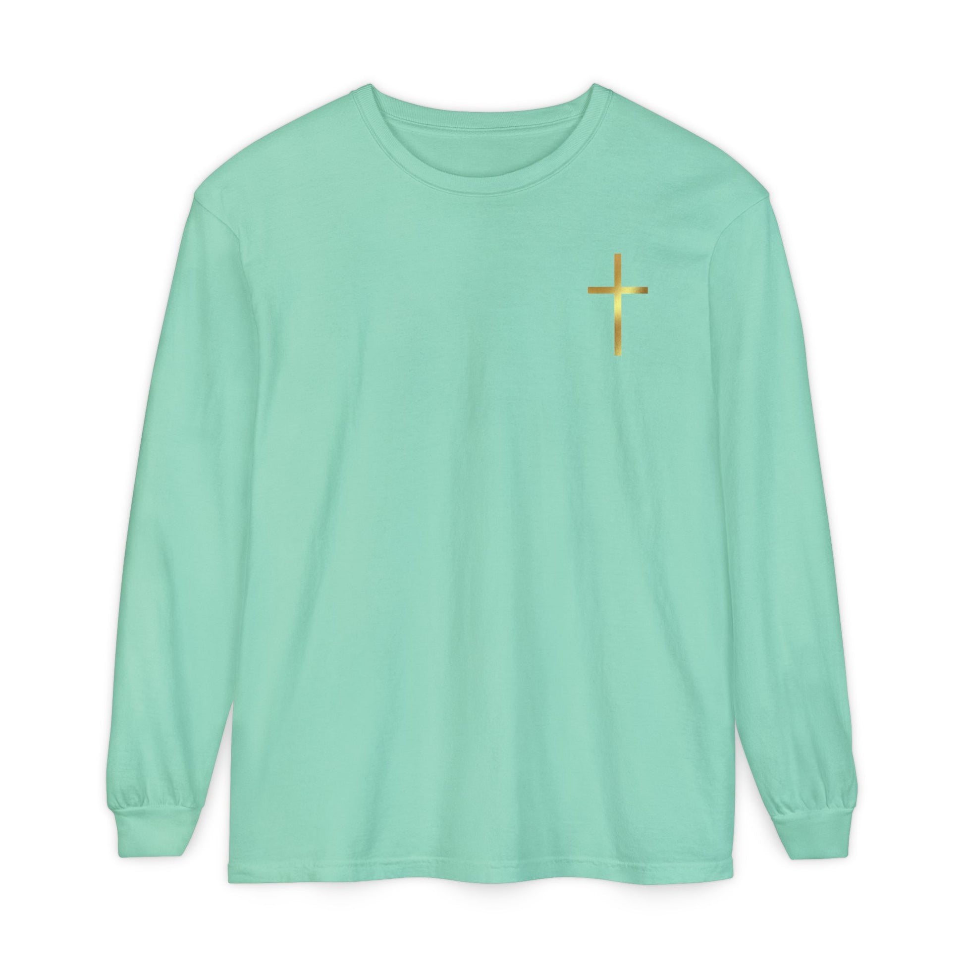 On the front of this custom Christian long sleeve shirt is a gold cross over the top left chest of the shirt.