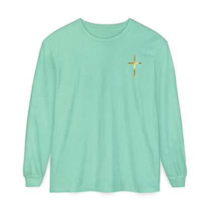 On the front of this custom Christian long sleeve shirt is a gold cross over the top left chest of the shirt.