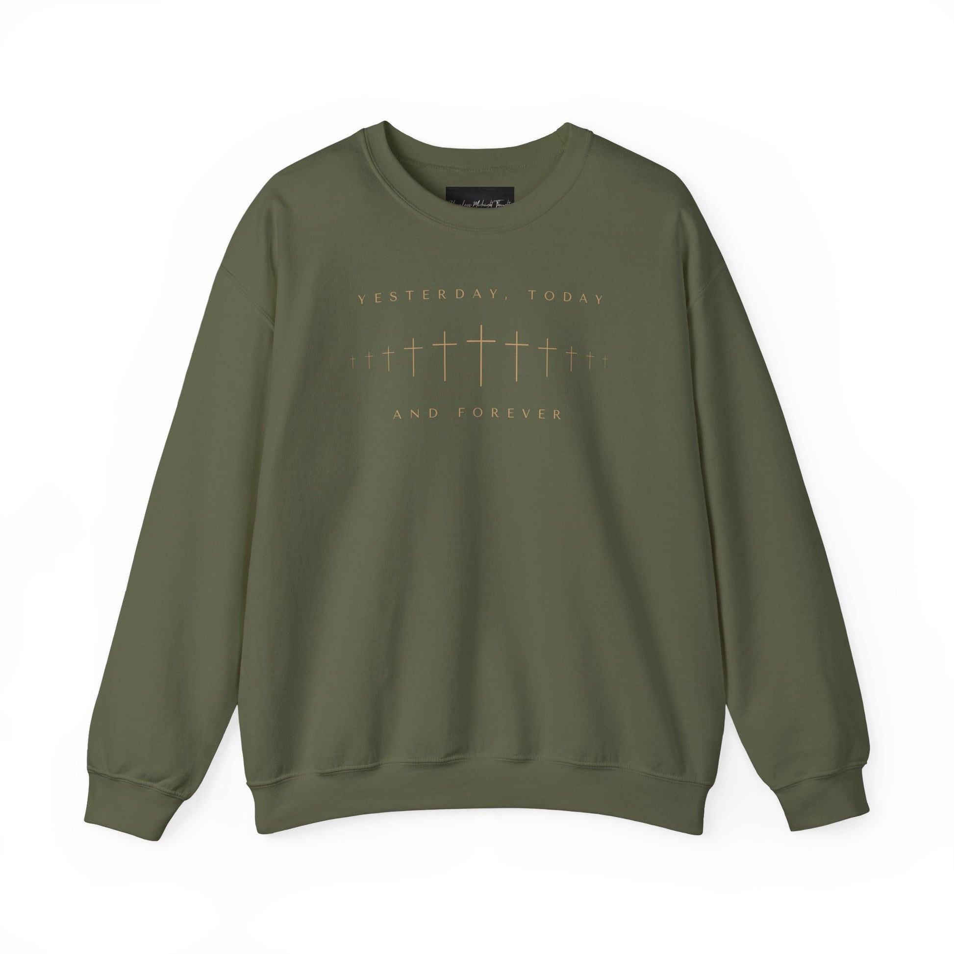On the front of this Christian pullover sweatshirt is a row of Jesus crosses that look like they are fading into the distance, the words Yesterday, Today and Forever are on the top and the bottom of the crosses.