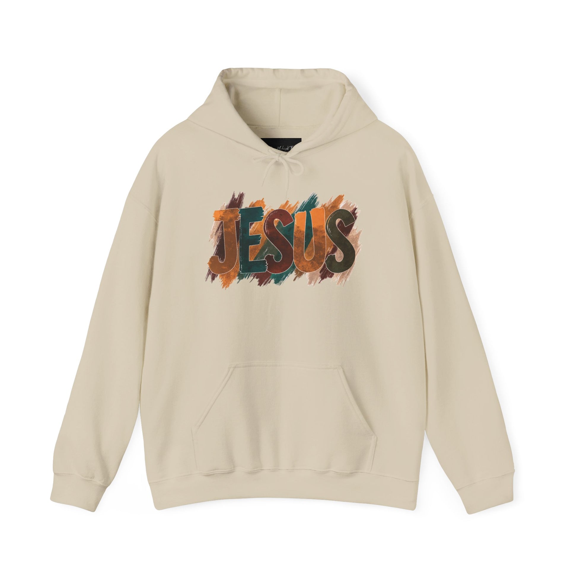 On the front of this Christian hoodie is the name Jesus is large bubble letters with each letter being a different Autumn color, this sweater is perfect for fall time.