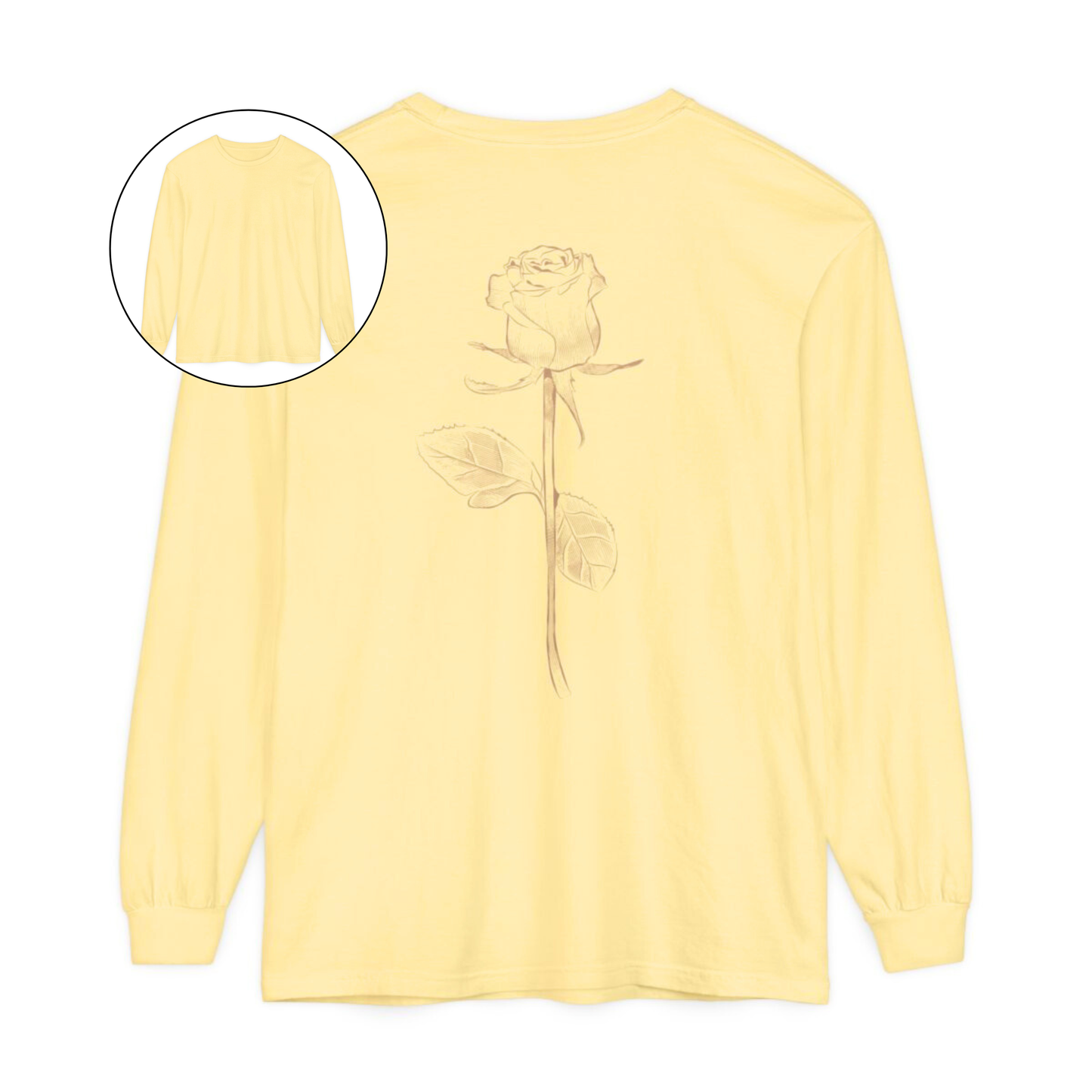 On the back of this custom women's long sleeve tee is a beige colored long stem rose that is the length of the shirt
