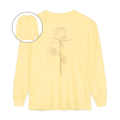 On the back of this custom women's long sleeve tee is a beige colored long stem rose that is the length of the shirt