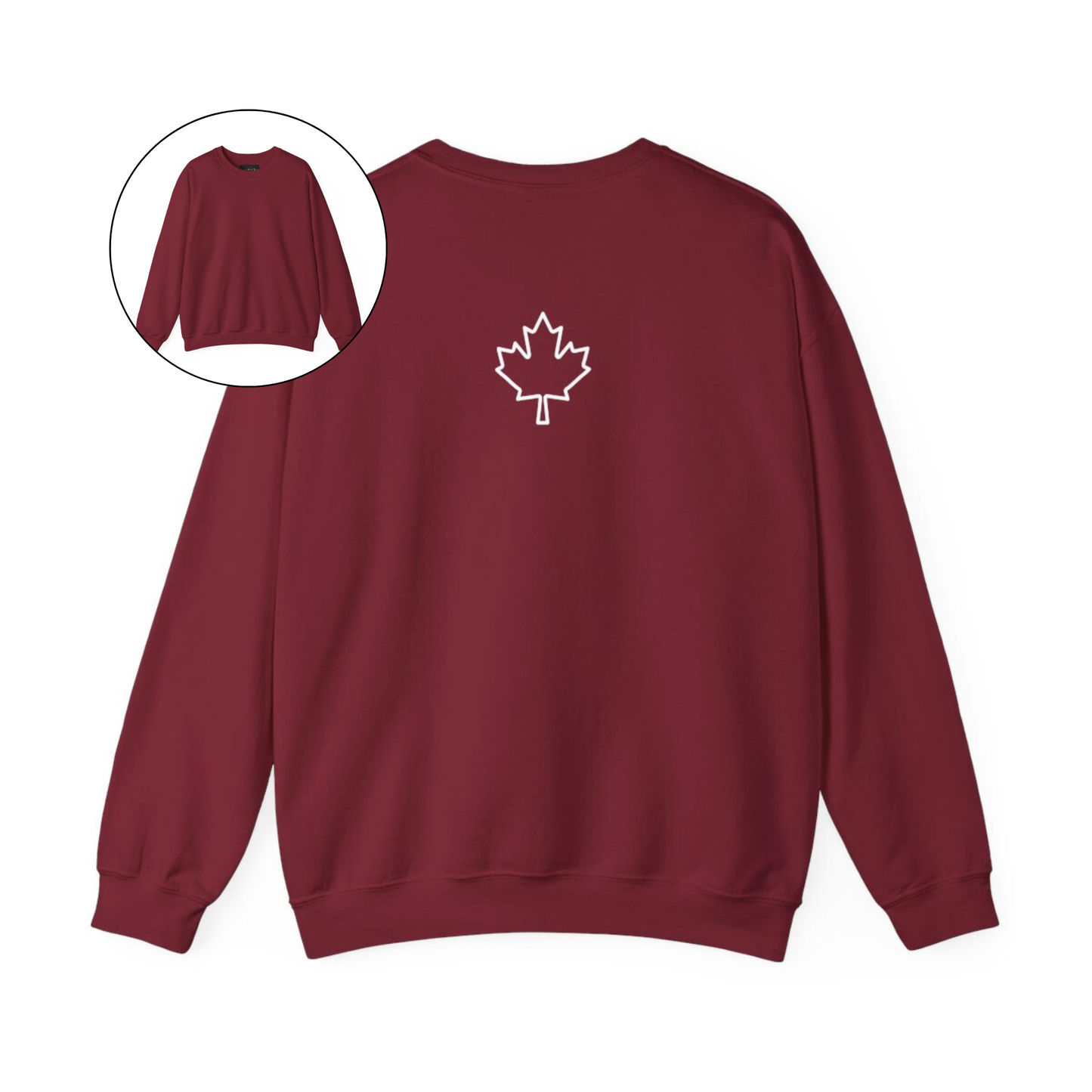 On the back of this custom Canadian pullover sweatshirt is a maple leaf that is right in between the shoulder blades, the front of the sweater is blank.