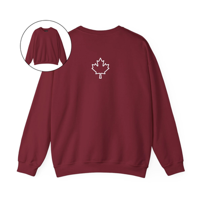 On the back of this custom Canadian pullover sweatshirt is a maple leaf that is right in between the shoulder blades, the front of the sweater is blank.
