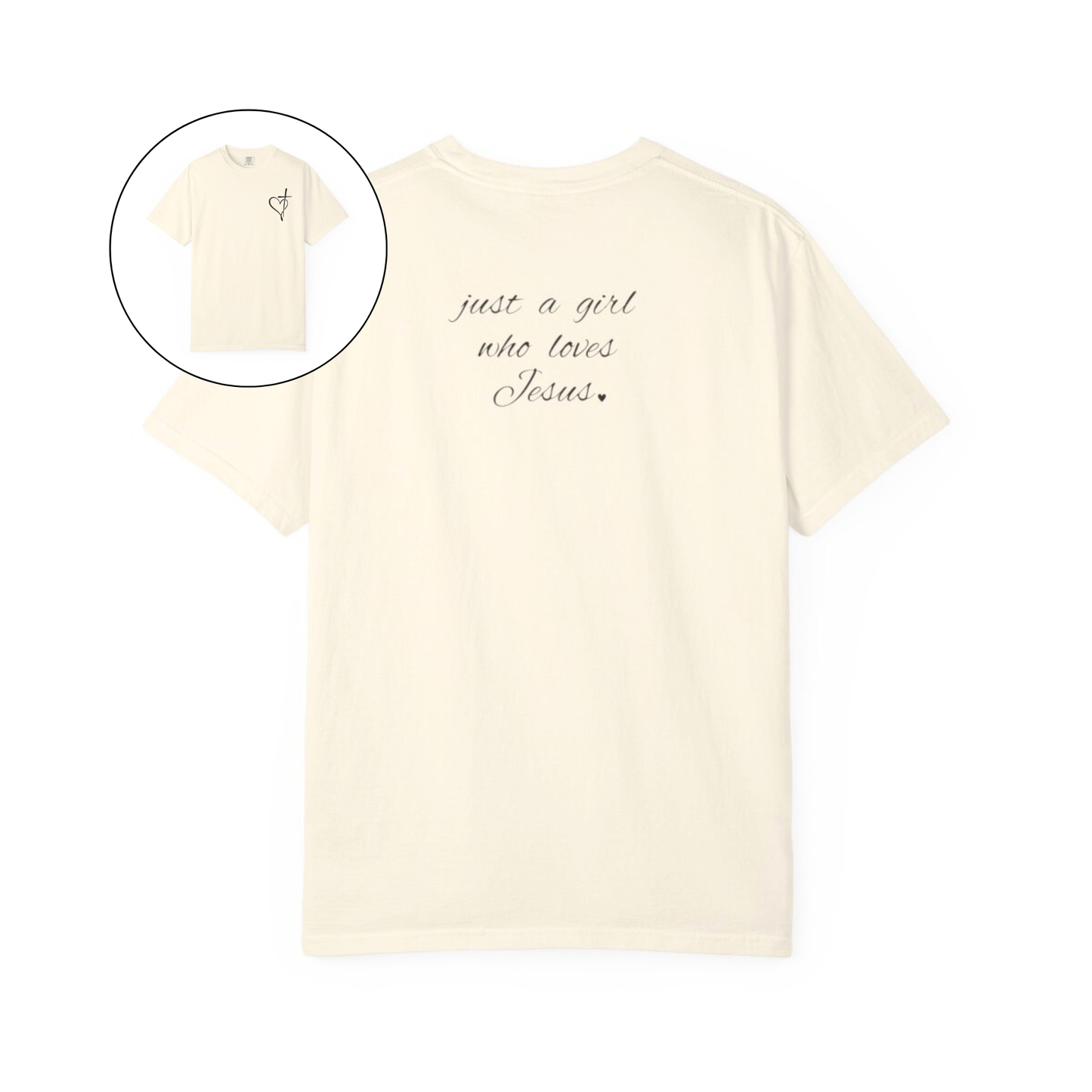 On the front of this custom women's Christian t-shirt is a heart with a cross through it, on the back top of the shirt right between the shoulder blades are the words just a girl who loves Jesus in a cursive writing.