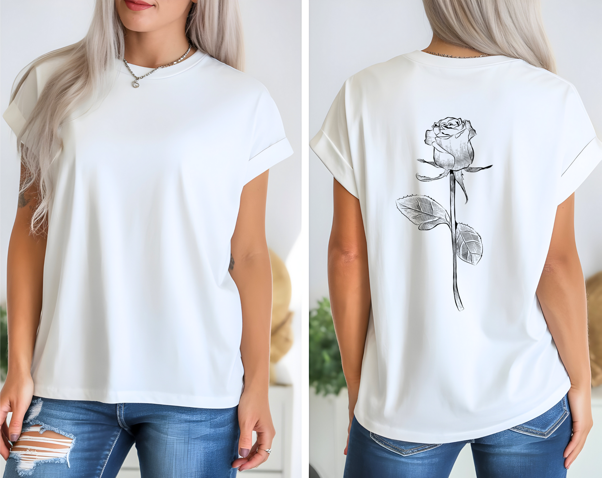 On the back of this custom women's short sleeve shirt is a large rose from the top to the bottom in the center of the back.