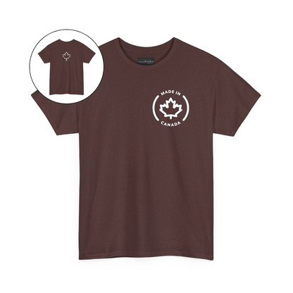On the front of this custom short sleeve shirt is a circle on the upper left chest of the shirt with the words Made In Canada with a maple leaf in the middle, on the back of the shirt is a maple leaf right in between the shoulder blades.