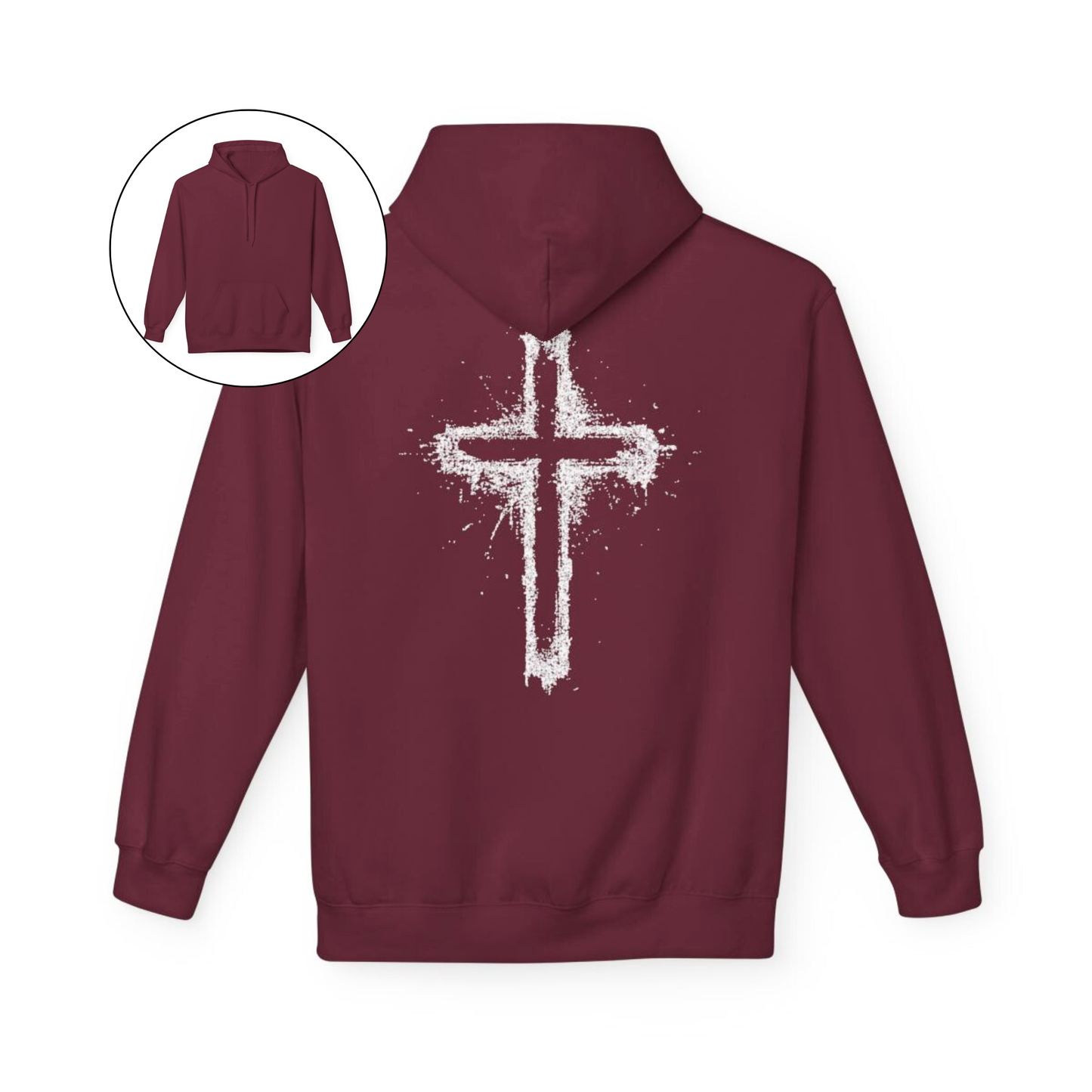 On the back of this Christian hoodie is a large spray painted Jesus cross that takes up the entire back of the sweater.