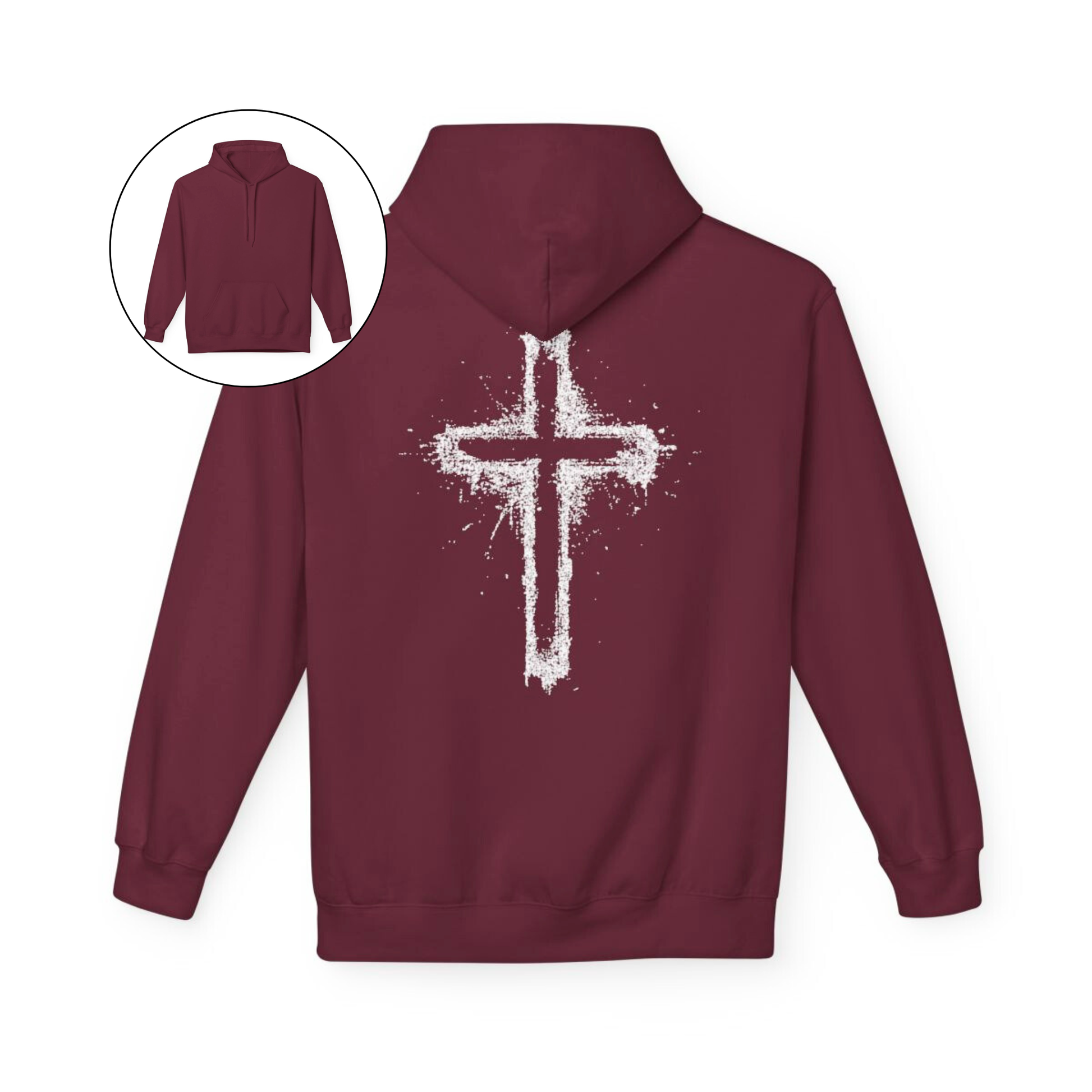 On the back of this Christian hoodie is a large spray painted Jesus cross that takes up the entire back of the sweater.