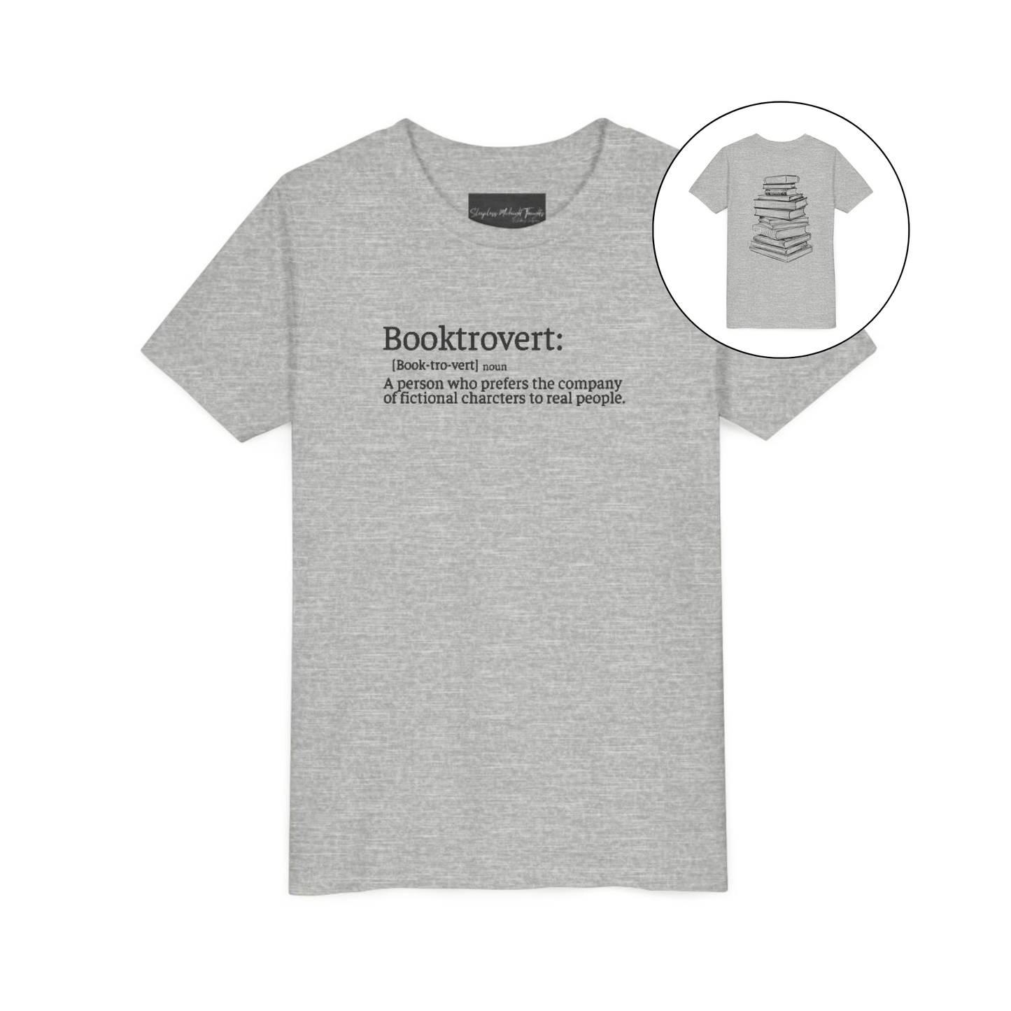 On the front of this custom youth t-shirt it says the word Booktrovert in large letter with the meaning of the words underneath it, on the back of the shirt is an image of a large stack of books.