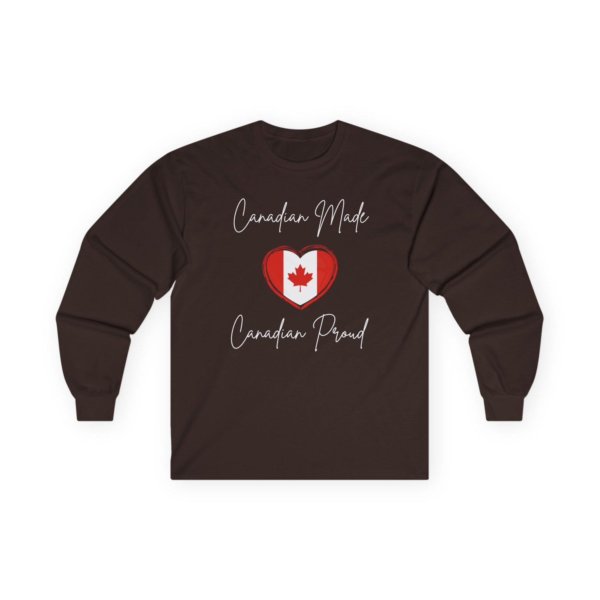 On the front of this custom Canadian patriotic long sleeve t-shirt are the words Canadian Made Canadian Proud in a beautiful cursive font, there is a Canadian flag in the middle that is in the shape of a heart.