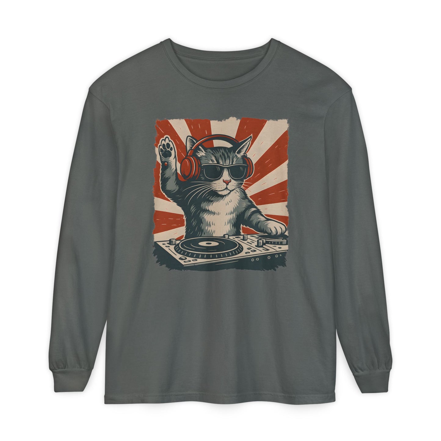 On the front of this custom retro long sleeve shirt is a DJ playing music, except the DJ is a cat that is wearing headphones, there is a vintage red and ivory background behind the cat.