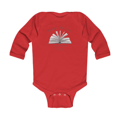 On the front of this custom baby onesie are the words First Edition Published 2026 with an image of an open book in the middle of the wording.