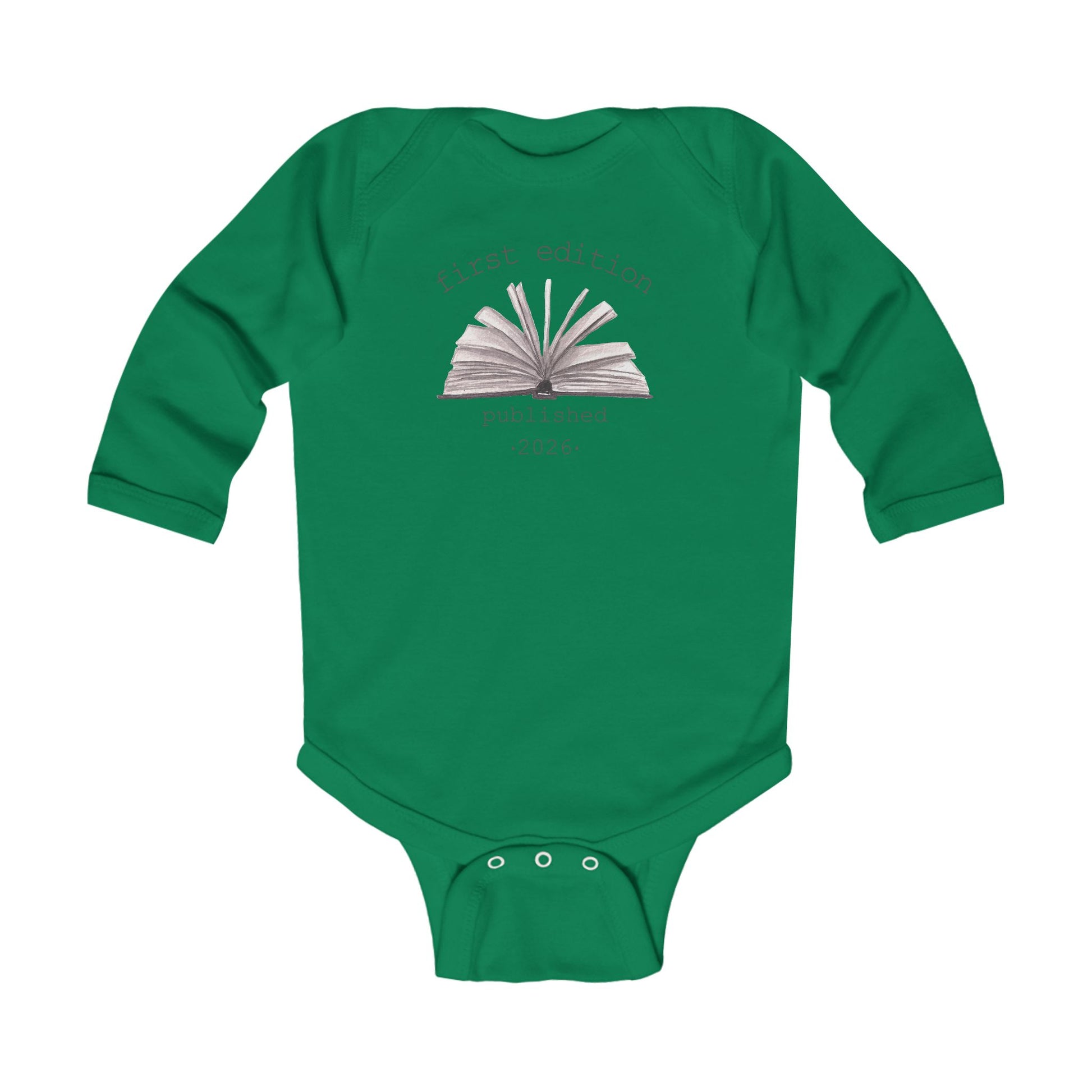 On the front of this custom baby onesie are the words First Edition Published 2026 with an image of an open book in the middle of the wording.