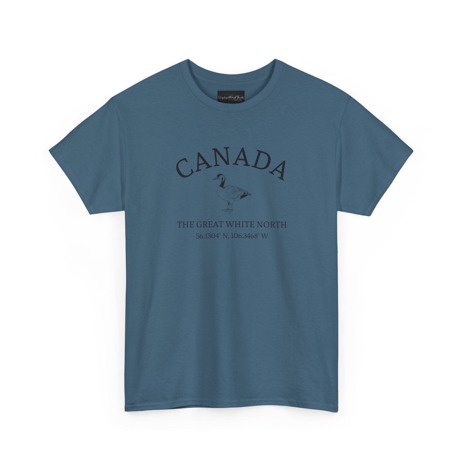 On the front of this patriotic short sleeve shirt is an image of a Canadian Goose with the word Canada above it in a half circle, the words "The Great White North" are underneath the image with Canada's coordinates underneath that.