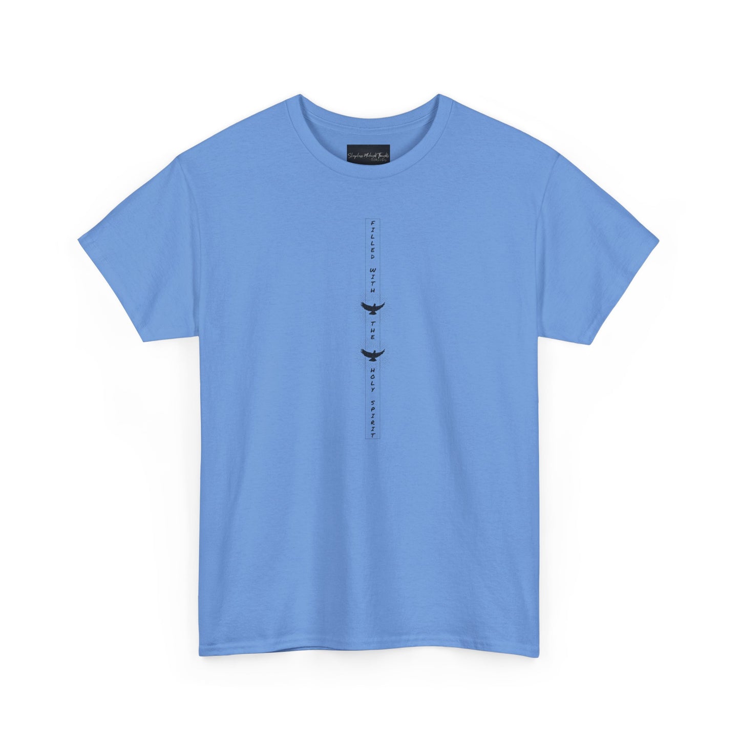 On the front of this custom unisex short sleeve shirt, starting from the neckline horizontally down are the words Filled with the Holy Spirit, there are two doves in-between the words.