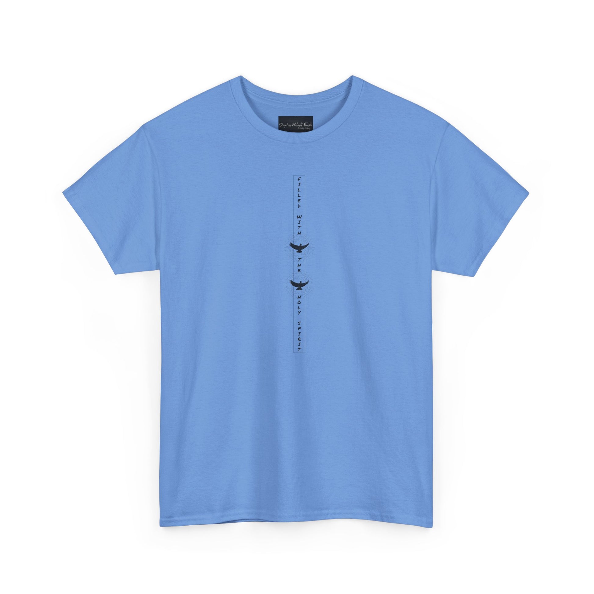 On the front of this custom unisex short sleeve shirt, starting from the neckline horizontally down are the words Filled with the Holy Spirit, there are two doves in-between the words.