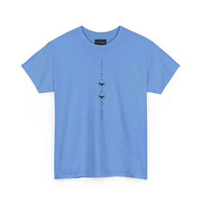 On the front of this custom unisex short sleeve shirt, starting from the neckline horizontally down are the words Filled with the Holy Spirit, there are two doves in-between the words.