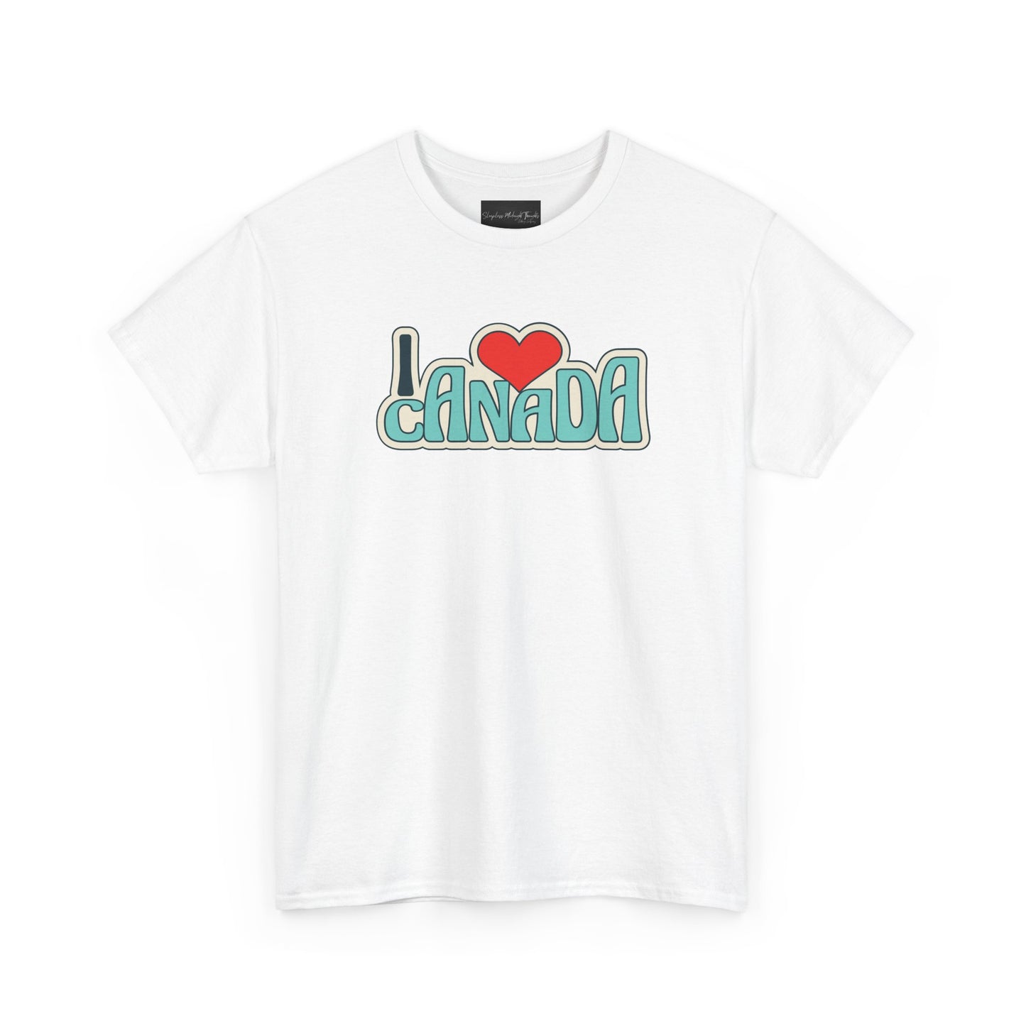 On the front of this custom Canadian made shirt sleeve shirt are the words I Love Canada with a heart, it has a retro design which makes the whole shirt look vintage.