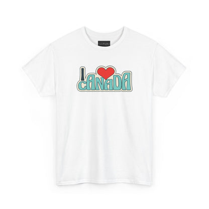 On the front of this custom Canadian made shirt sleeve shirt are the words I Love Canada with a heart, it has a retro design which makes the whole shirt look vintage.