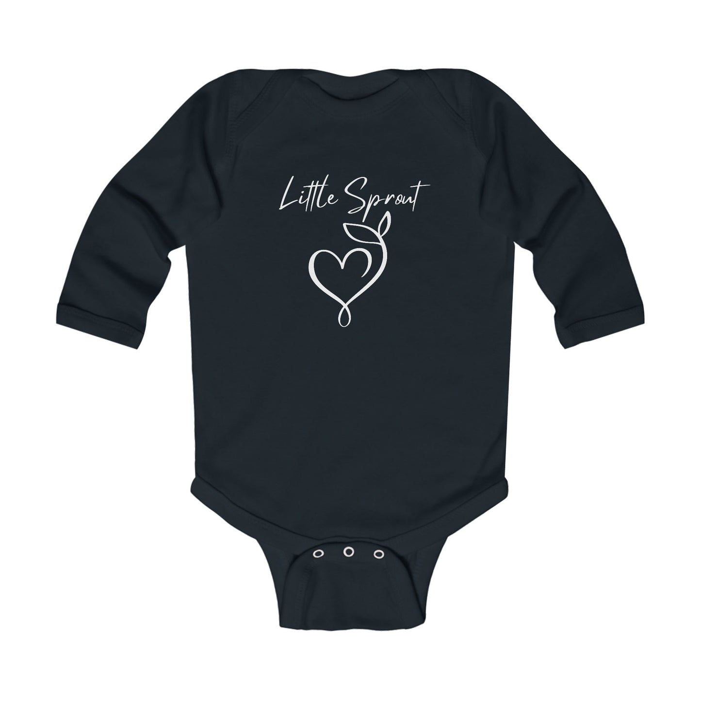 This adorable super soft infant onesie features the words 'little sprout' with a heart and two leaf stem design on the front, creating a cute and playful vibe.