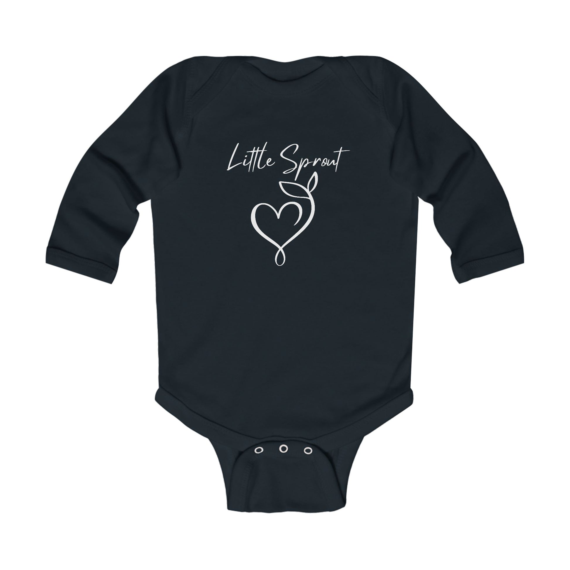 This adorable super soft infant onesie features the words 'little sprout' with a heart and two leaf stem design on the front, creating a cute and playful vibe.