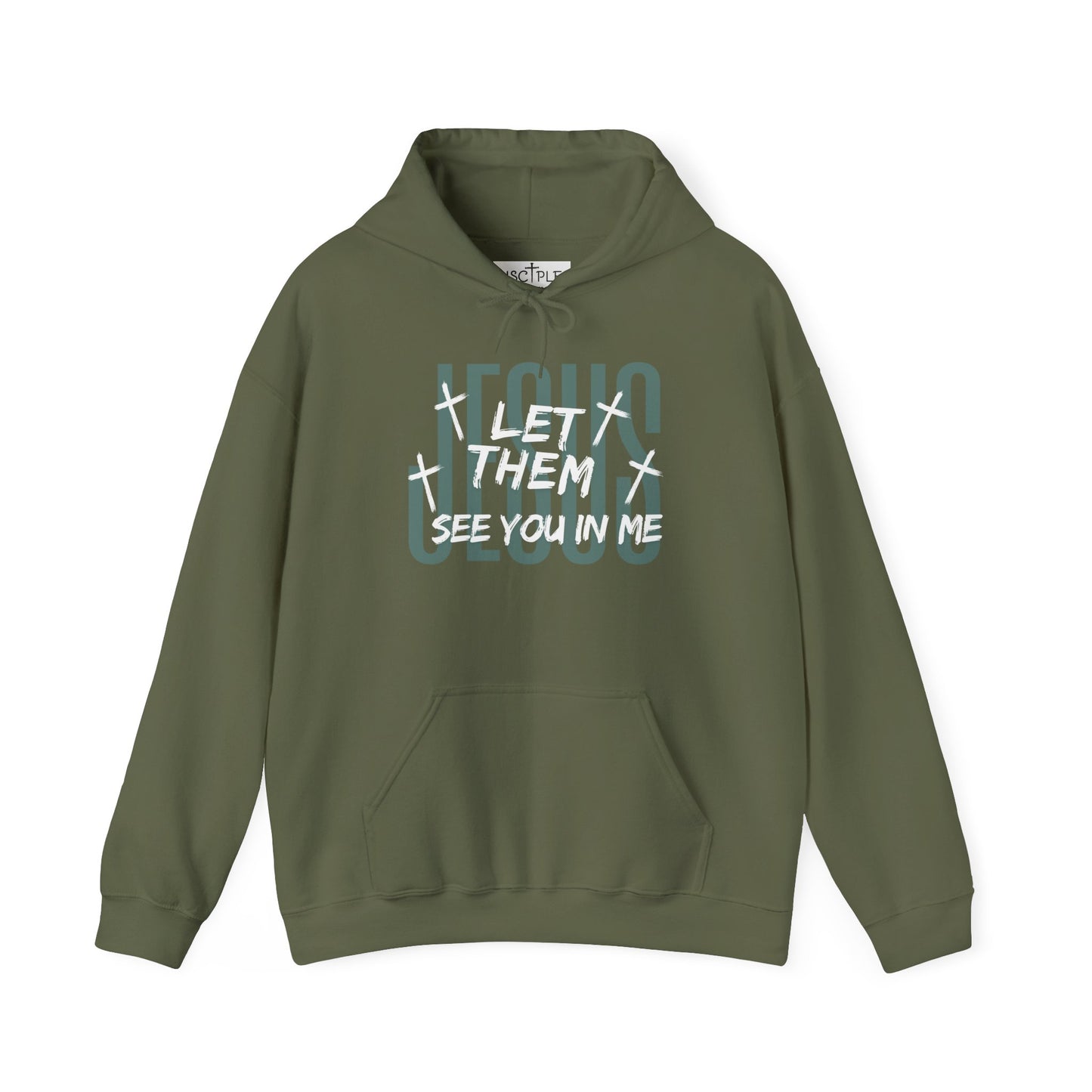 On the front of this custom Christian hoodie it says Jesus in large letters with the words Let them see you in me overlayed overtop of Jesus, there are crosses around the wording.